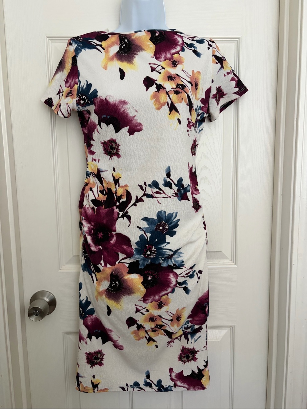 Pinkblush White Sheath Dress with Plum, Yellow & Teal Floral Print